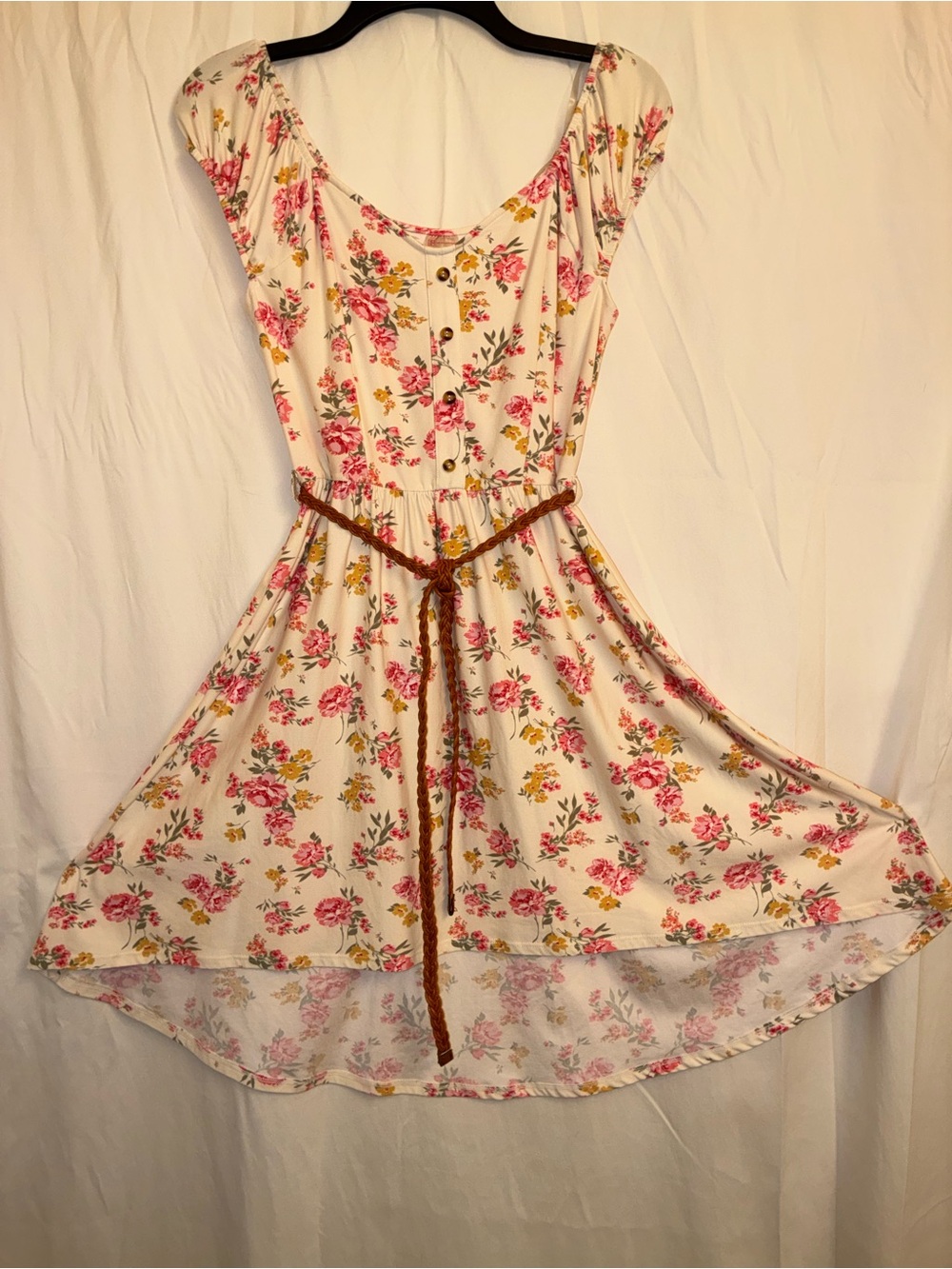No Boundaries Floral High-Low Peasant Dress with Braided Belt Size M 7-9